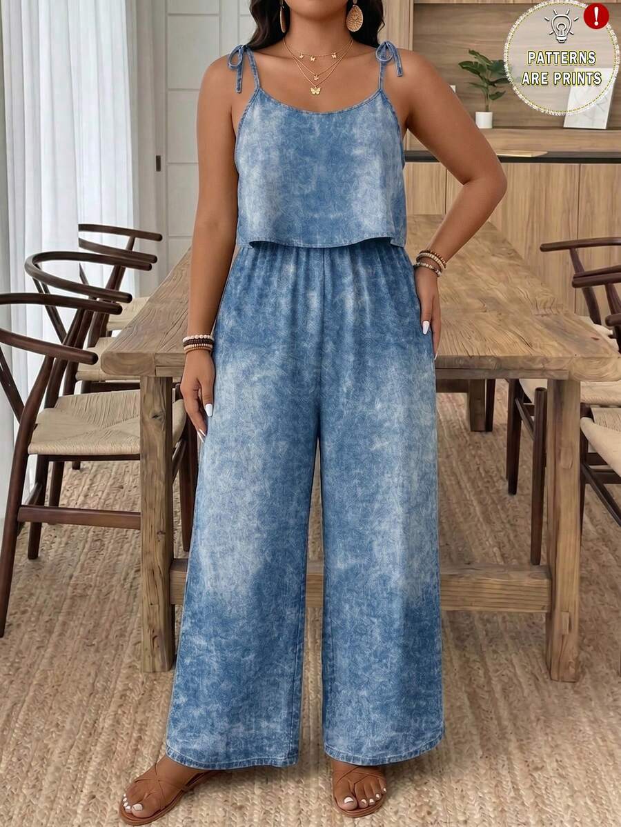 SHEIN Frenchy Bộ áo liền quần cỡ lớn bằng vải dệt giả denim, kiểu dáng thoải mái, không tay, dây mảnh, dài, chi tiết thắt nút, thích hợp cho mùa hè, kỳ nghỉ và mặc hàng ngày. - Màu xanh lam - Xem 1