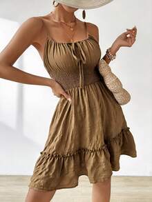 Breezaya Vacation Casual Front Tie Bow Floral Ruffle Pleated Gingham Print Spaghetti Strap Dress - Coffee Brown - View 3