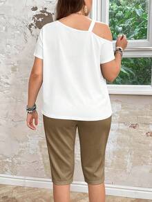 SHEIN LUNE Bộ đồ 2 món cỡ lớn, họa tiết hoa tối giản, phong cách thường ngày, thích hợp cho mùa hè. - Màu Khaki - Xem 2