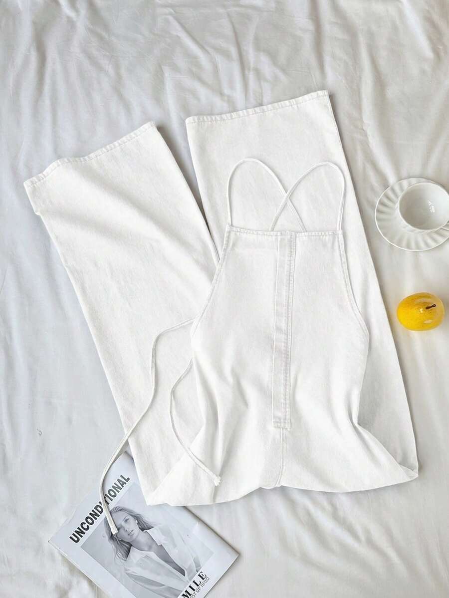 Comfortcana Jumpsuit Denim Wanita Warna Polos Tanpa Lengan dengan Tali Bahu Tipis, Potongan Longgar dan Lurus, Musim Panas - Putih - View 1