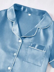 SHEIN 3 Stücke Kontrast-Besatz einfarbiger Faux-Seide Pyjama Set für Frauen - Babyblau - Übersicht 5