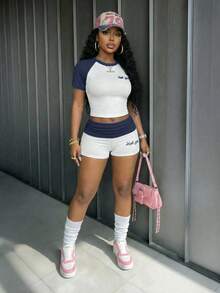 Slaydiva Women's Two Pieces Set Navy Blue And White,Summer,Casual,Vacation Outfits Y2K Style Round Neck Short Sleeve T-Shirt&Folded Waist Short Pants - Navy Blue - View 5
