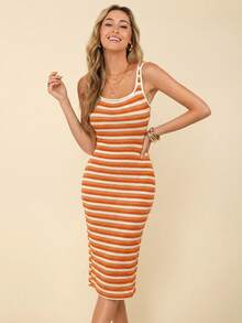 Coeurva Vestido casual de verano para vacaciones, de punto texturizado y con rayas, ajustado - Naranja - Ver 3