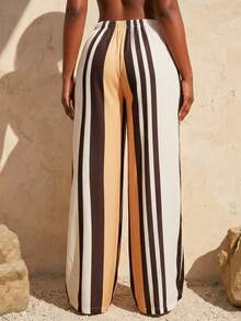 SHEIN SXY Women's Black And White Striped Linen-Like Wide Leg Pants,High Waist Elastic Waistband Summer Boho Elegant Beach Holiday Casual Long Trousers Outfit - Multicolor - View 3