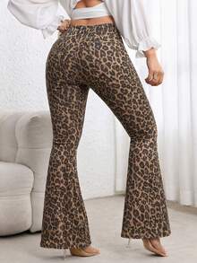 Flexra Plus Size Women Leopard Print High Waist Slim Fit Flare Leg Jeans - Multicolor - View 2