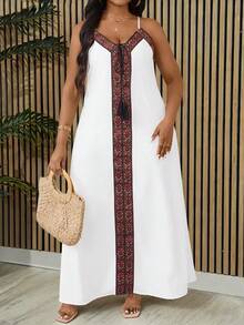 Villa Velisse Plus Size Women Premium Embroidered Strap Maxi Dress,Versatile White Summer Boho Vacation Holiday Long Dress - White - View 3