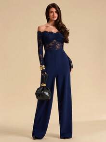 SHEIN BAE Bộ jumpsuit ren đen xuyên thấu gợi cảm khoét vai hở cho nữ, bộ jumpsuit thanh lịch cho quý cô, bộ jumpsuit ren ống rộng - Màu xanh hải quân - Xem 4