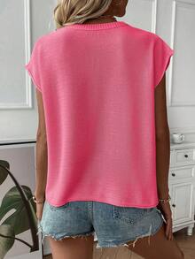 EMERY ROSE Women's Plain Crew Neck Casual Loose Knit Sweater Vest, Autumn/Winter - Hot Pink - View 2