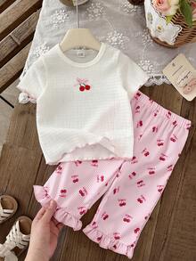 SHEIN 2件套女婴幼儿/新生儿0-3岁春夏可爱图案条纹针织樱桃刺绣短袖T恤和格子裤套装 - 粉色 - 查看 6