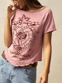 Bohemela Camiseta de mujer de cuello redondo de punto de unicolor, de manga corta y ajustada, lavada - Rosa - Ver 4