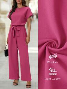 Editum Women's New Elegant Round Neck Jumpsuit With Waist Cinching, Slimming, Simple Commuter Wrinkle-Resistant Romper With Belt - Hot Pink - View 2