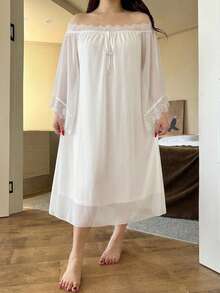 Dazy Plus Plus Size Women Contrast Lace Sexy Long Sleeve Chiffon Maxi Nightgown, Spring/Summer - White - View 2