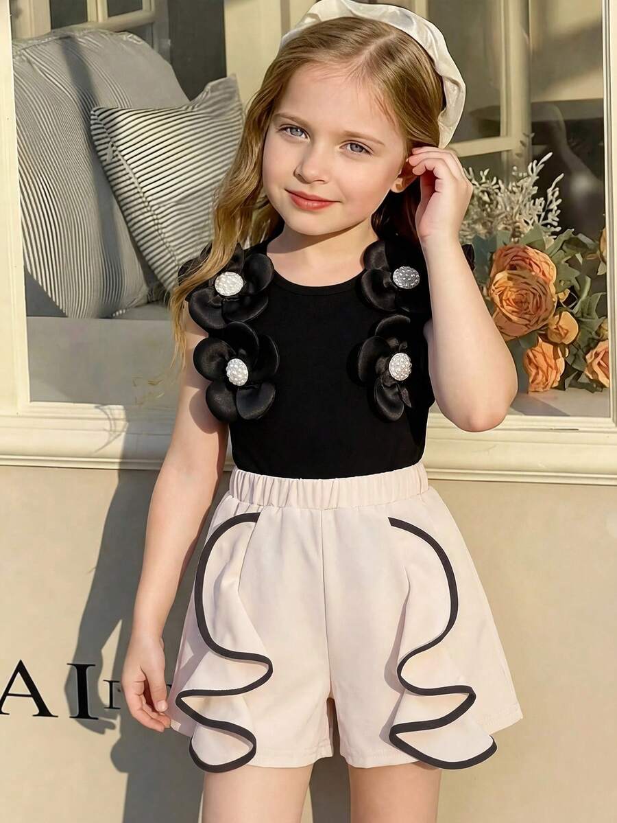 Girls' Sweet Design Set, Spring/Summer, 3D Flower & Pearl Decor Sleeveless Top + Contrast Ruffle Hem Shorts, 2pcs Set, Casual, Party, Daily Wear
