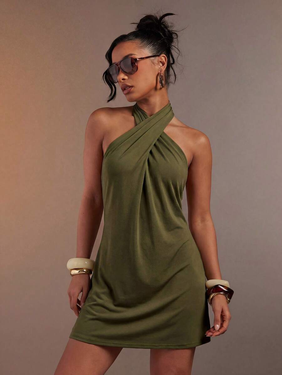 Hauture Women's Sexy Abstract Animal Skin Zebra Brown Print Linen Cross Halter Mini Dress - Green - View 1