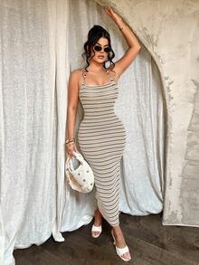 SHEIN SXY 女士时尚简约条纹沙滩度假连衣裙 - 卡其色 - 查看 4