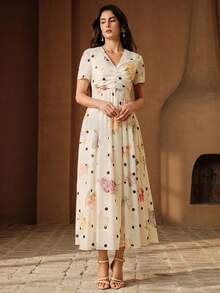 Anewsta Polka Dot Floral V-Neck Pleated Front Button Shoulder Short Sleeve Waist Cinched Elegant Maxi Dress For Women, Spring/Summer - Apricot - View 4