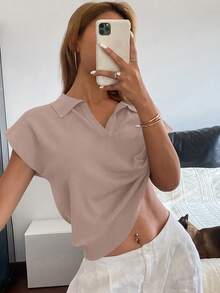 Livesso Solid Color Form-Fitting Jacquard Collar Knit Top For Women, Casual Office Wear, Spring/Summer - Pink - View 3