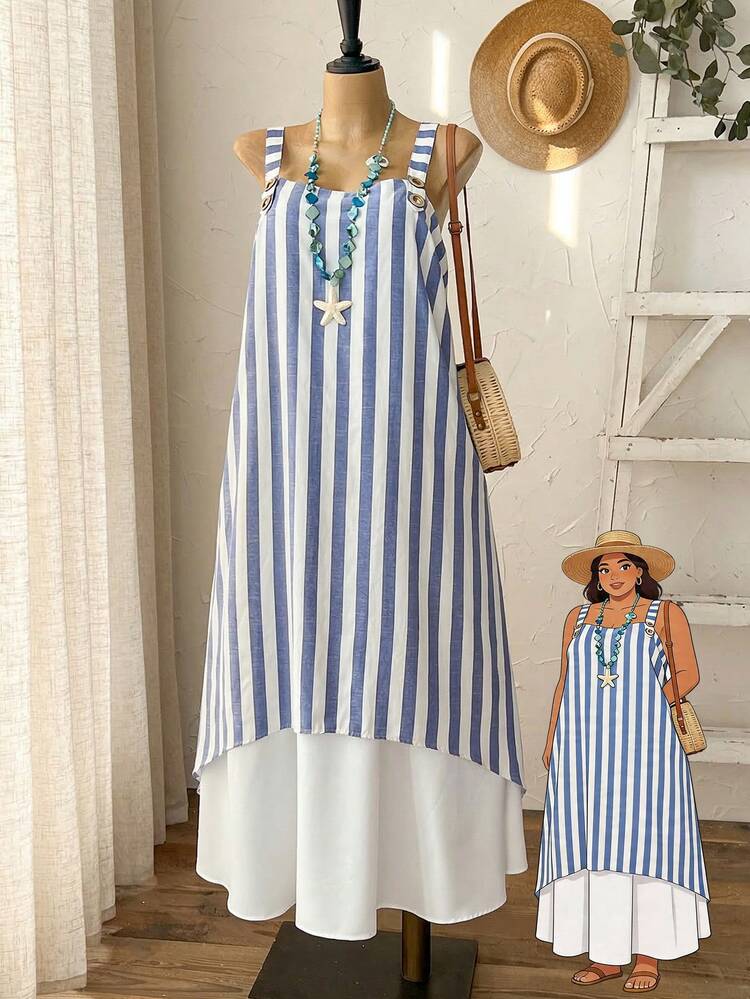 Plus Size Women Sleeveless Loose Striped Adjustable Strap Dress, Summer,Country Concert Outfit ,Women's Country Clothing , Casual Dresses For Women ,Summer Holiday Outfits Zebra Dress For Women Zig Zag Dress Zanea Dress For Woman Ladies Dresses Yisikado Dress, Vacation Outfits Women,Casual Dresses For Women Nautical Dresses For Women New Arrival Dress For Women Casual Summer Dress For Women Picnic Dress For Women Mom And Me Dresses