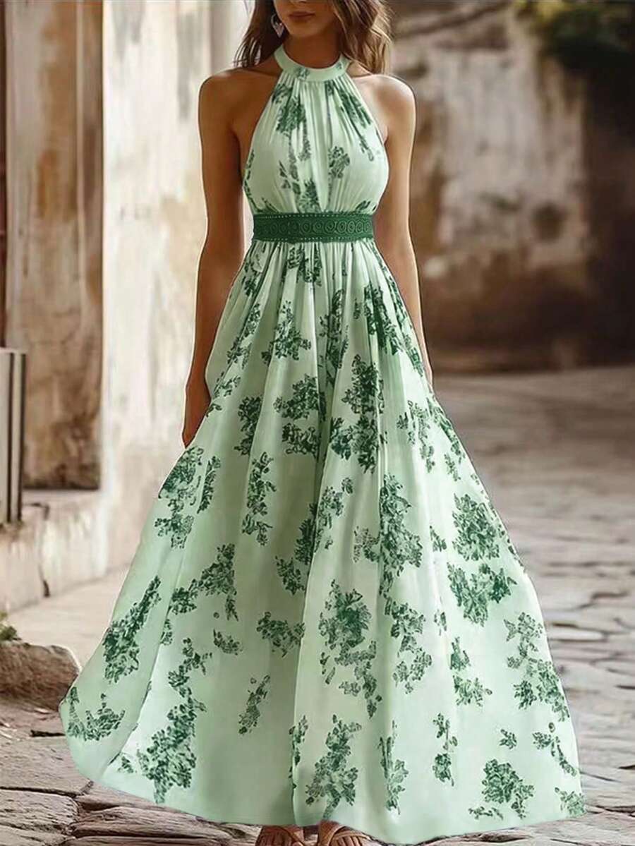 EMERY ROSE Women's 2026 Spring/Summer New Vacation Sleeveless Printed Maxi Dress - Green - View 1