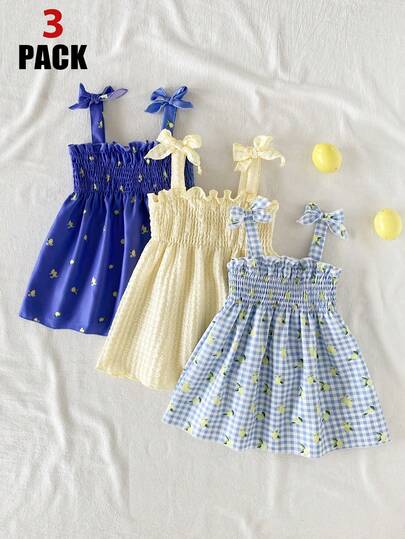 SHEIN 女童无袖褶皱彩色中长连衣裙，休闲甜美公主风，适合度假和聚会穿着