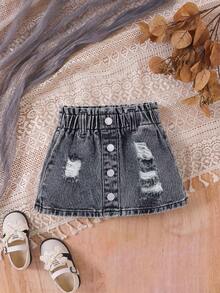 SHEIN Bebé niña Falda en mezclilla desgarro de cintura con volante con botón delantero - Gris Oscuro - Ver 1
