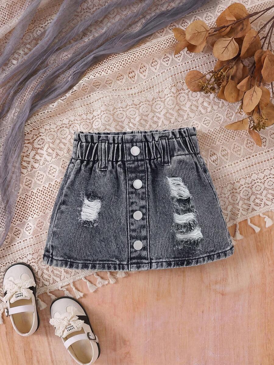 SHEIN Bebé niña Falda en mezclilla desgarro de cintura con volante con botón delantero - Gris Oscuro - Ver 1
