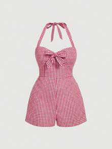 SHEIN MOD Bộ jumpsuit kẻ caro buộc dây cổ dễ thương dành cho nữ cỡ lớn, trang phục mùa hè thường ngày. - Đỏ và trắng - Xem 5
