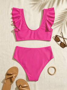 SHEIN Swim 女士夏季海滩度假纯色荷叶边性感比基尼套装 - 玫紅色 - 查看 7