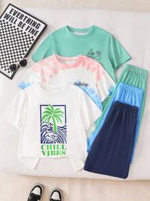 SHEIN Vacaura 6pcs/Set Tween Boy Casual Tie-Dye Palm Tree Pattern Knit Short Sleeve Top And Shorts Set,White And Blue,Summer,Streetwear,Holiday,Vacation,Holiday - Multicolor - View 3