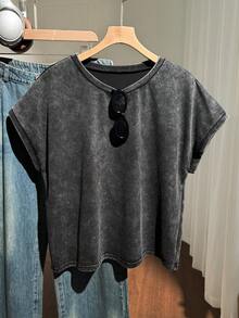 Comfortcana Plus Size Dark Green Washed Cotton Short Sleeve T-Shirt, Summer Everyday Casual Formal Holiday - Black - View 1