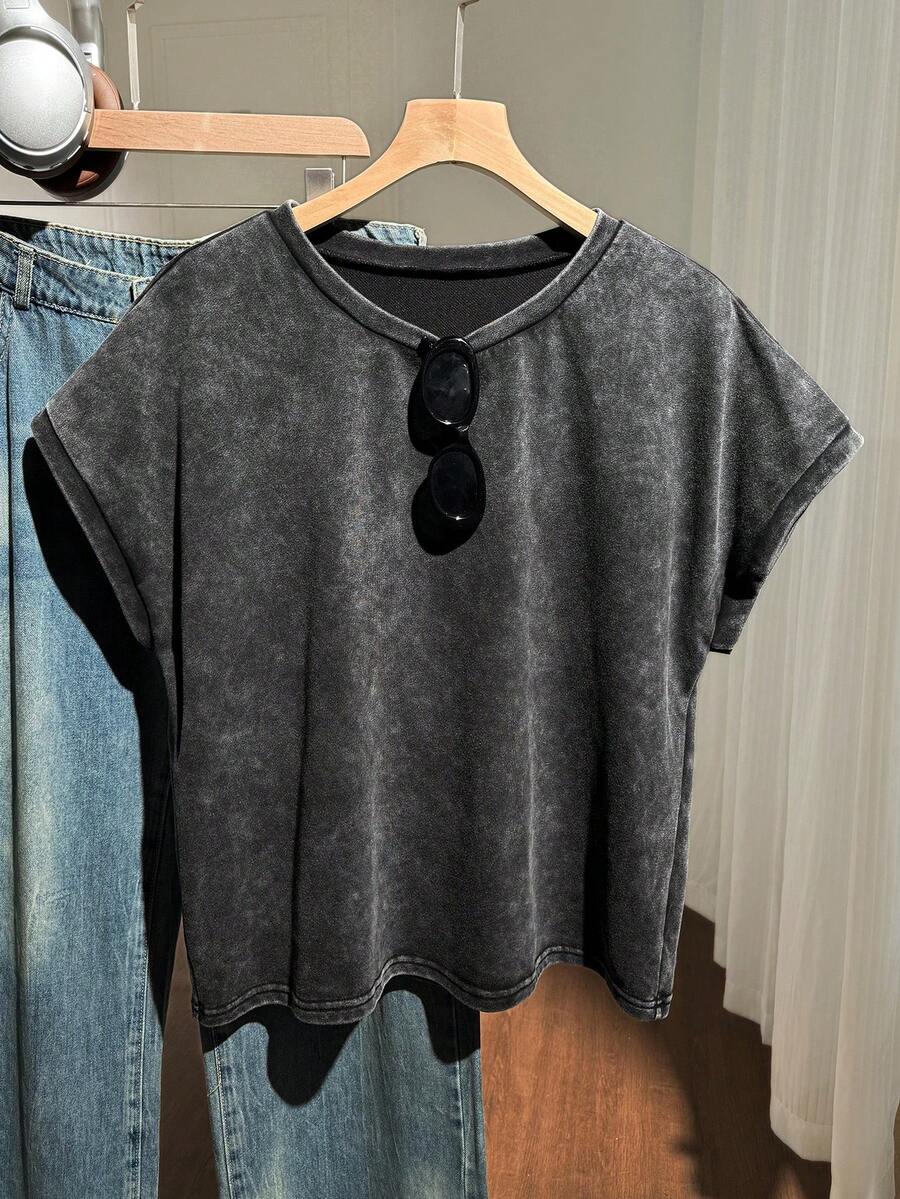 Comfortcana Plus Size Dark Green Washed Cotton Short Sleeve T-Shirt, Summer Everyday Casual Formal Holiday - Black - View 1