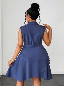 Maweii V-Neck Sleeveless Commuting Waist Cinched Asymmetric Hem Dress - Dusty Blue - View 3