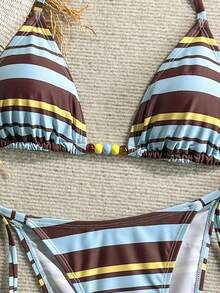 Swim Mod Women's Summer Beach Vacation Striped Print Beaded Decor Halter Backless Sexy Bikini Set - Multicolor - View 5