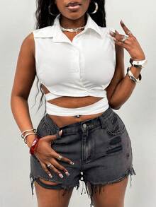 Glyssa Blusa corta sin mangas con cuello de camisa y cintura con lazo para mujer - Blanco - Ver 6