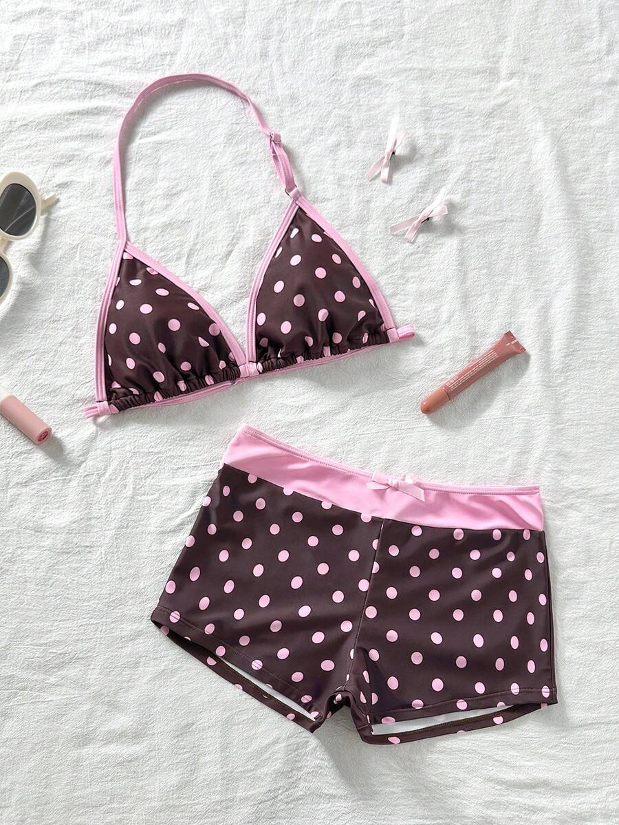 SHEIN Conjunto de 2 piezas de traje de baño con tirantes finos y lunares negros para adolescentes, para playa y vacaciones, primavera/verano - Marrón - Ver 1