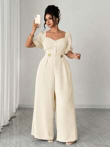 Elenzga Bộ jumpsuit dáng rộng, thanh lịch, cổ vuông, tay ngắn, cài cúc kim loại, thích hợp cho mùa xuân/hè, đi học, nghỉ lễ, tốt nghiệp, Ngày lễ tình nhân, Giáng sinh, lễ hội âm nhạc, Ngày của Mẹ, Halloween, Lễ Tạ ơn, Lễ Phục sinh, Ngày Quốc khánh, dạ hội, tiệc hẹn hò, mùa cưới, dã ngoại. - Màu be - Xem 4