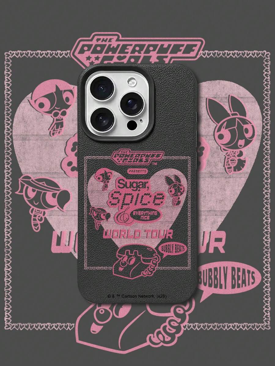THE POWERPUFF GIRLS X SHEIN 飞天小女警三人组心形世界巡回演唱会音乐电话字母元素皮革纹理黑色亲肤防震防摔保护壳，兼容苹果iPhone 13/14/15/15Pro/16/16Pro/17Pro，畅销日常美观保护壳 - 彩色 - 查看 1
