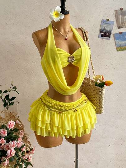 Soleia Women's Sunset Ombre Plunging Neckline Floral Metal Buckle Tie Blouse + Multi-Layer Ruffle Hem Mini Skirt 2-Piece Set, Casual Holiday Beach Cruise Vacation, Suitable For All Seasons, Music Festival, Boho Vacation