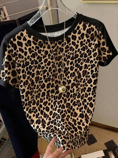 Resyla Classic Leopard Pattern Color Clash Print Casual Women's Crew Neck T-Shirt, Suitable For Summer, Sibling Gift, Sisters Gift, Mom's Gift