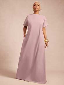 Vixey Drop Shoulder Sleeve Deep Open V Neck Back Maxi Woven Dress, Summer Comfy Oversized Dress - Dusty Pink - View 1