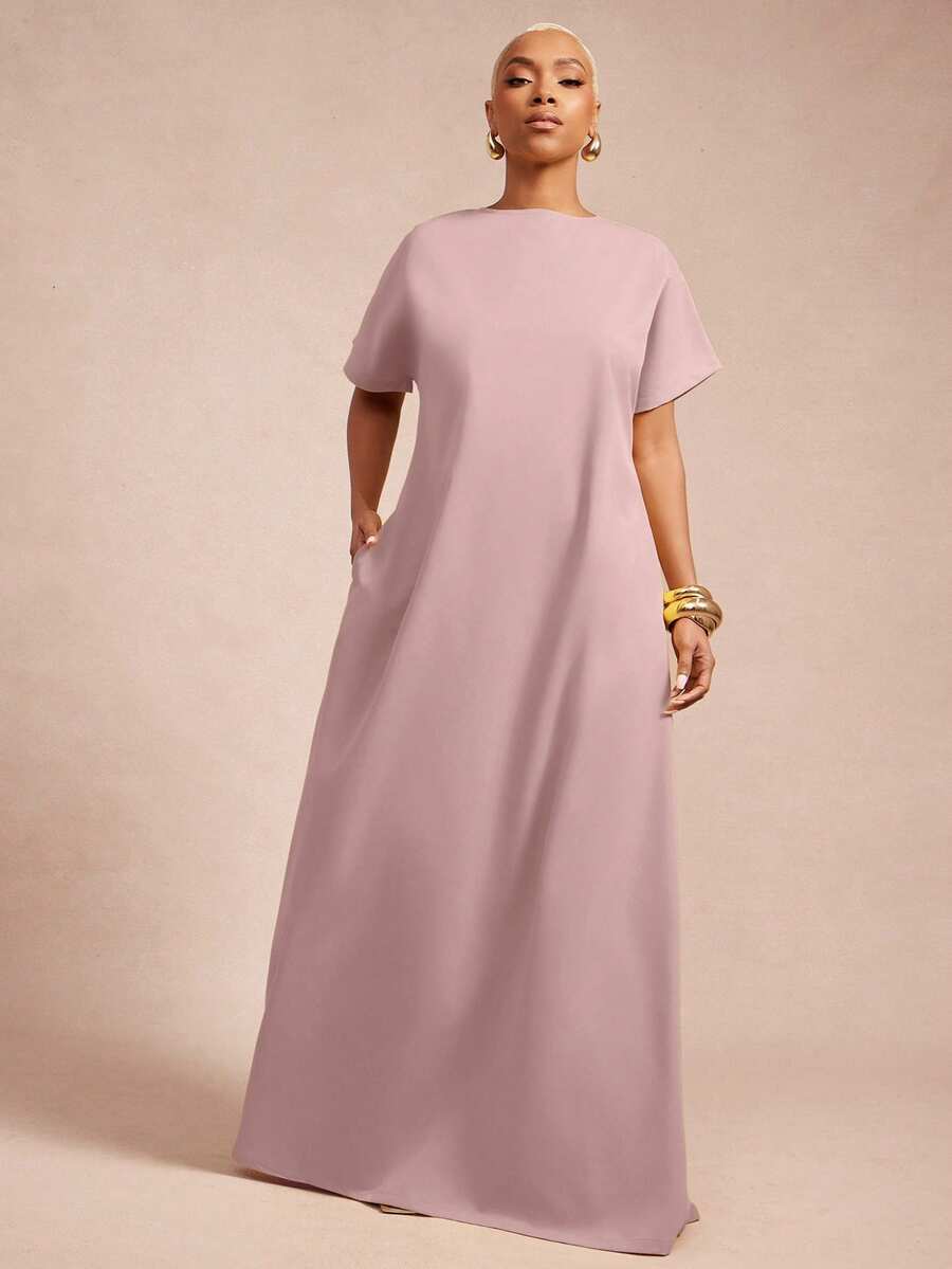 Vixey Drop Shoulder Sleeve Deep Open V Neck Back Maxi Woven Dress, Summer Comfy Oversized Dress - Dusty Pink - View 1