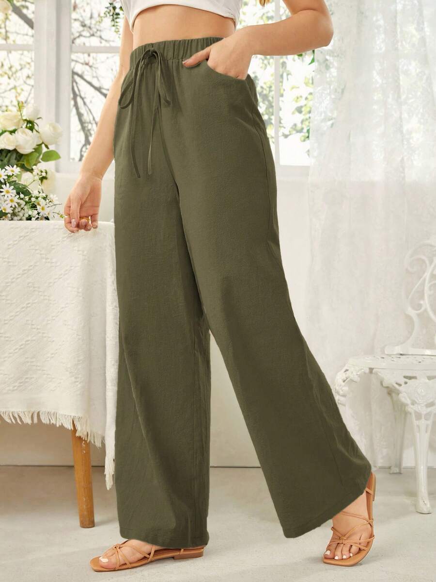 SHEIN Essnce 女士纯色腰带口袋阔腿裤 - 軍綠色 - 查看 1