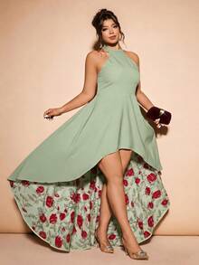 Allurite Vestido estampado de talla grande con dobladillo asimétrico sin mangas - Verde - Ver 3