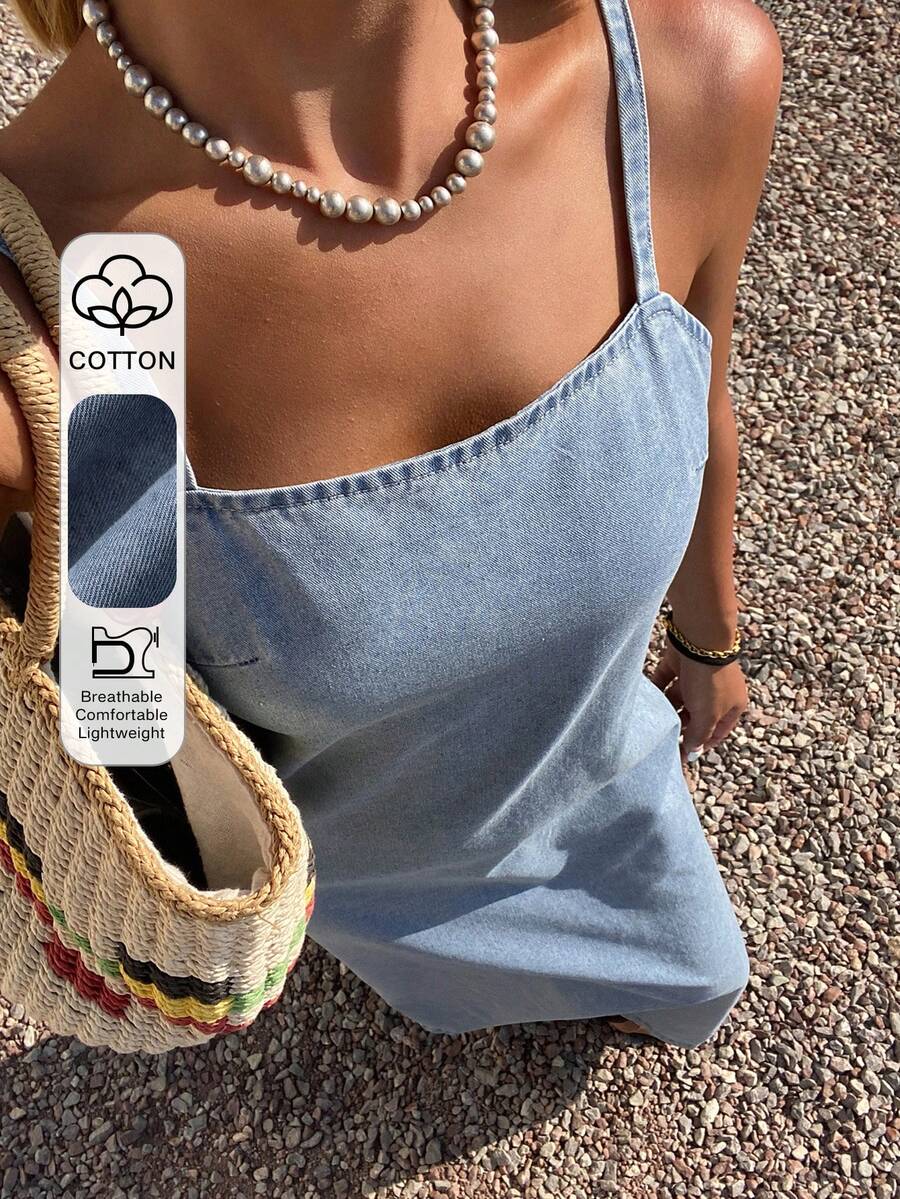 Livesso Vintage Washed Blue Spaghetti Strap Dress, Sleeveless Casual Midi Denim Dress For Spring Summer, Suitable For Music Festival, Valentine's Day, Wedding - Light Wash - View 1