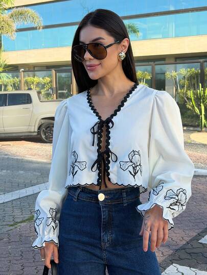 Yohana Edit Women's Vacation Casual Colorblock Woven Strap Floral Embroidered Lace-Up Blouse, Fall Women,Back To School,Country Concert, Business Casual Woman, Teacher For Women,Date Night Women ,Birthday ,Brunch For Women,Western Women Wear ,Business Casual Woman Winter Casual Spring Holiday Resort