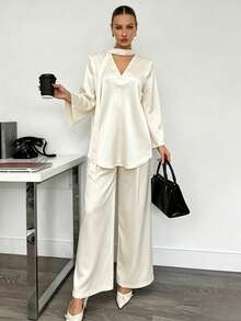 Modelyn V-Neck Tie Flare Sleeve Satin Blouse & Loose Wide Leg Pants 2 Pieces Set, Champagne Color - Champagne - View 3