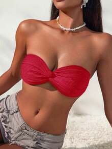Swim Mod Atasan Bikini Bandeau Seksi Model Twist Warna Polos untuk Wanita di Pantai Musim Panas - Merah - View 4