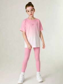 SHEIN Ensemble 2 pièces pour préadolescentes : T-shirt + Leggings, Tenue de sport élastique colorée pour le yoga/l'entraînement/la course à pied - Rose bonbon - Voir 8