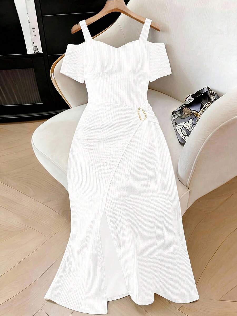 Elenzga Plus Size Elegant Solid Color Off-Shoulder Wrap Dress, Summer - White - View 1
