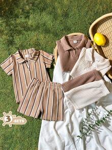 Vintaside Kids 幼儿男童时尚休闲 Polo 领条纹纯色多件套服装，适合外出、度假、休闲活动 - 咖啡 - 查看 4